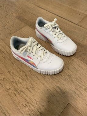 Puma Kids White Sneakers with Pink & Rainbow Stripe